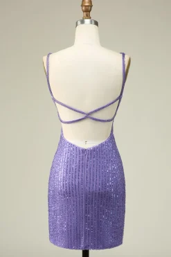 Bainha Espaguete Correias Roxo Sequins Vestido Curto Homecoming