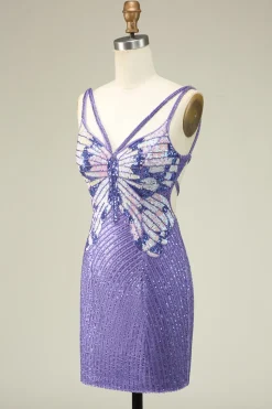 Bainha Espaguete Correias Roxo Sequins Vestido Curto Homecoming