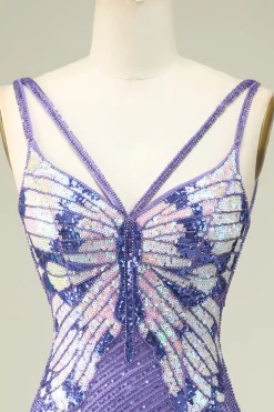 Bainha Espaguete Correias Roxo Sequins Vestido Curto Homecoming