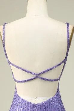 Bainha Espaguete Correias Roxo Sequins Vestido Curto Homecoming