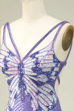 Bainha Espaguete Correias Roxo Sequins Vestido Curto Homecoming