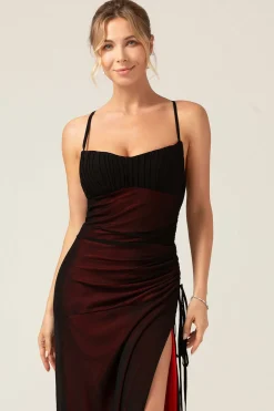 Bainha Espaguete Correias Andar Comprimento Preto Vermelho Vestido Madrinha
