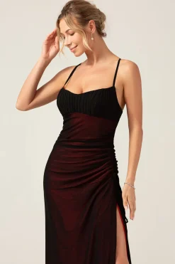 Bainha Espaguete Correias Andar Comprimento Preto Vermelho Vestido Madrinha