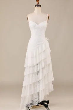 Bainha Esparguete Alças Marfim Laço Assimétrico Destacável Trem Boho Vestido de Noiva