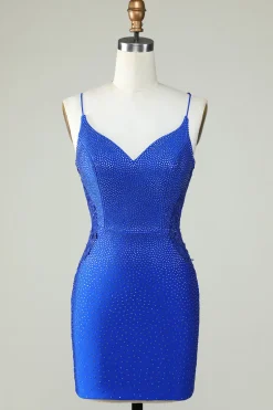 Bainha Esparguete Correias Royal Blue Short Homecoming Dress com Missangas