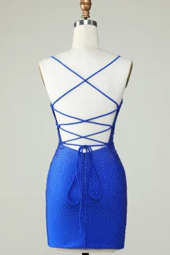 Bainha Esparguete Correias Royal Blue Short Homecoming Dress com Missangas