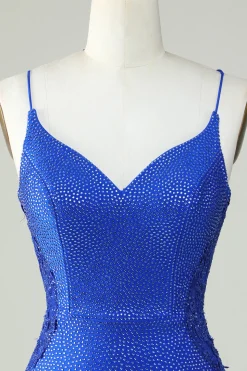 Bainha Esparguete Correias Royal Blue Short Homecoming Dress com Missangas