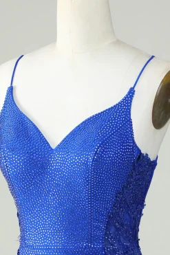 Bainha Esparguete Correias Royal Blue Short Homecoming Dress com Missangas
