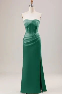 Bainha espartilho sem alças longo vestido verde dama de honra com fenda