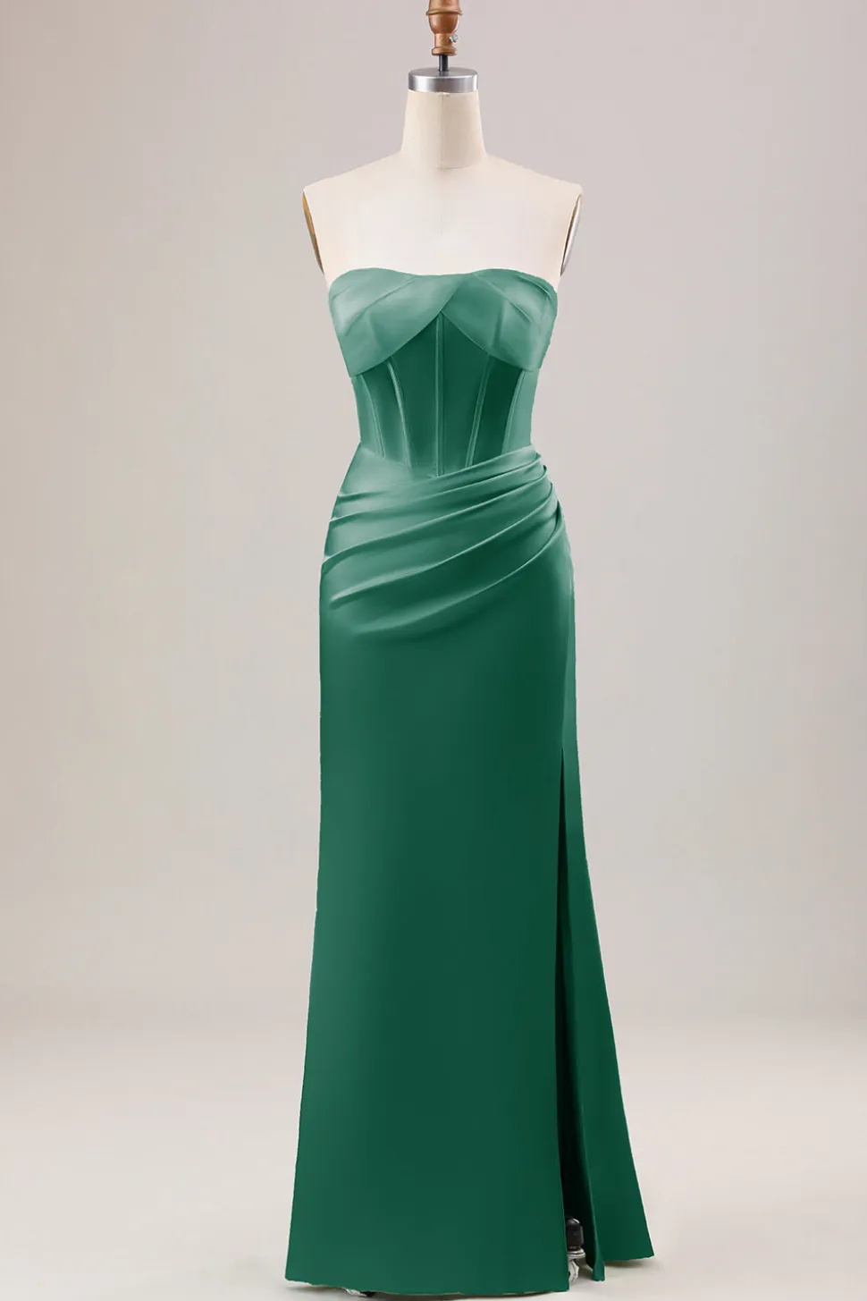 Bainha espartilho sem alças longo vestido verde dama de honra com fenda