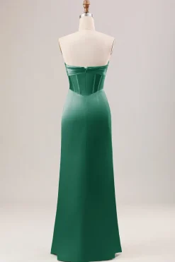 Bainha espartilho sem alças longo vestido verde dama de honra com fenda