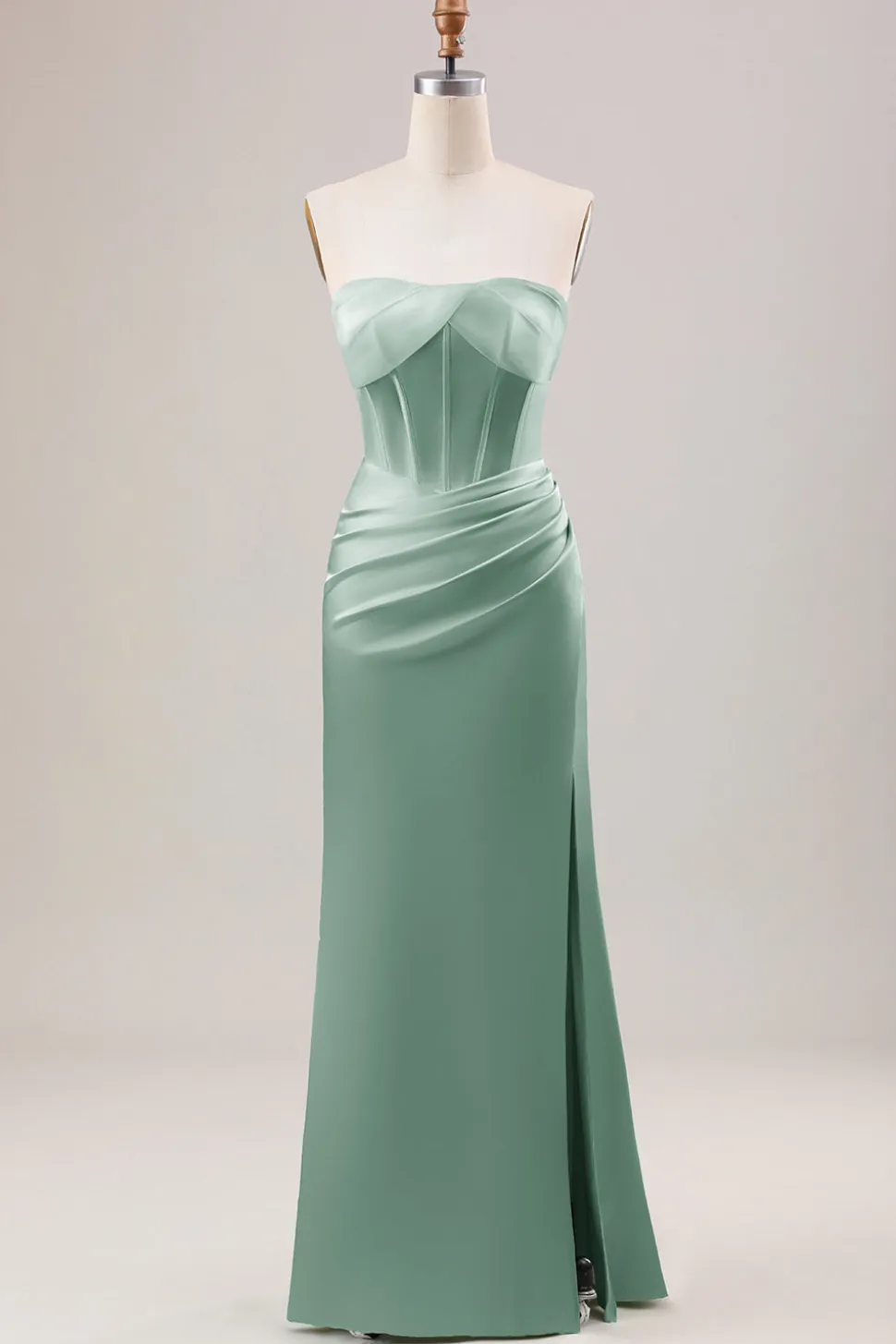 Bainha espartilho sem alças longo vestido verde dama de honra com fenda