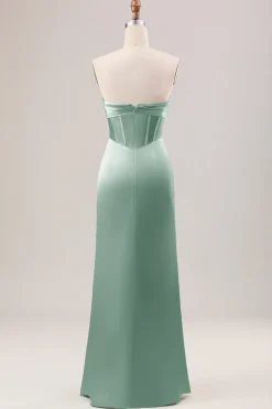 Bainha espartilho sem alças longo vestido verde dama de honra com fenda