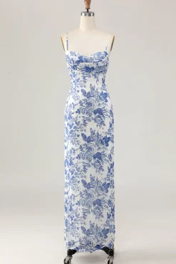 Bainha estampada branco azul flor longo vestido de casamento convidado