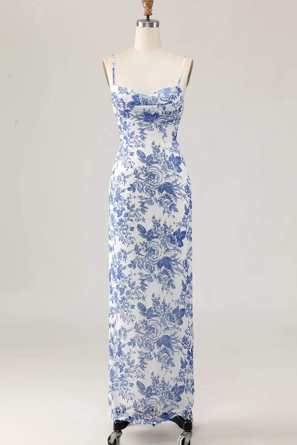 Bainha estampada branco azul flor longo vestido de casamento convidado