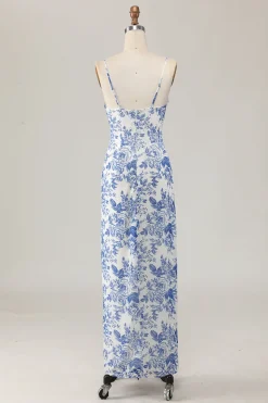 Bainha estampada branco azul flor longo vestido de casamento convidado
