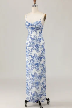 Bainha estampada branco azul flor longo vestido de casamento convidado