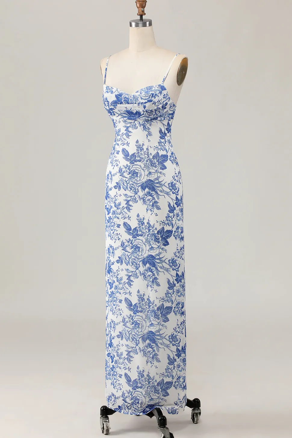 Bainha estampada branco azul flor longo vestido de casamento convidado