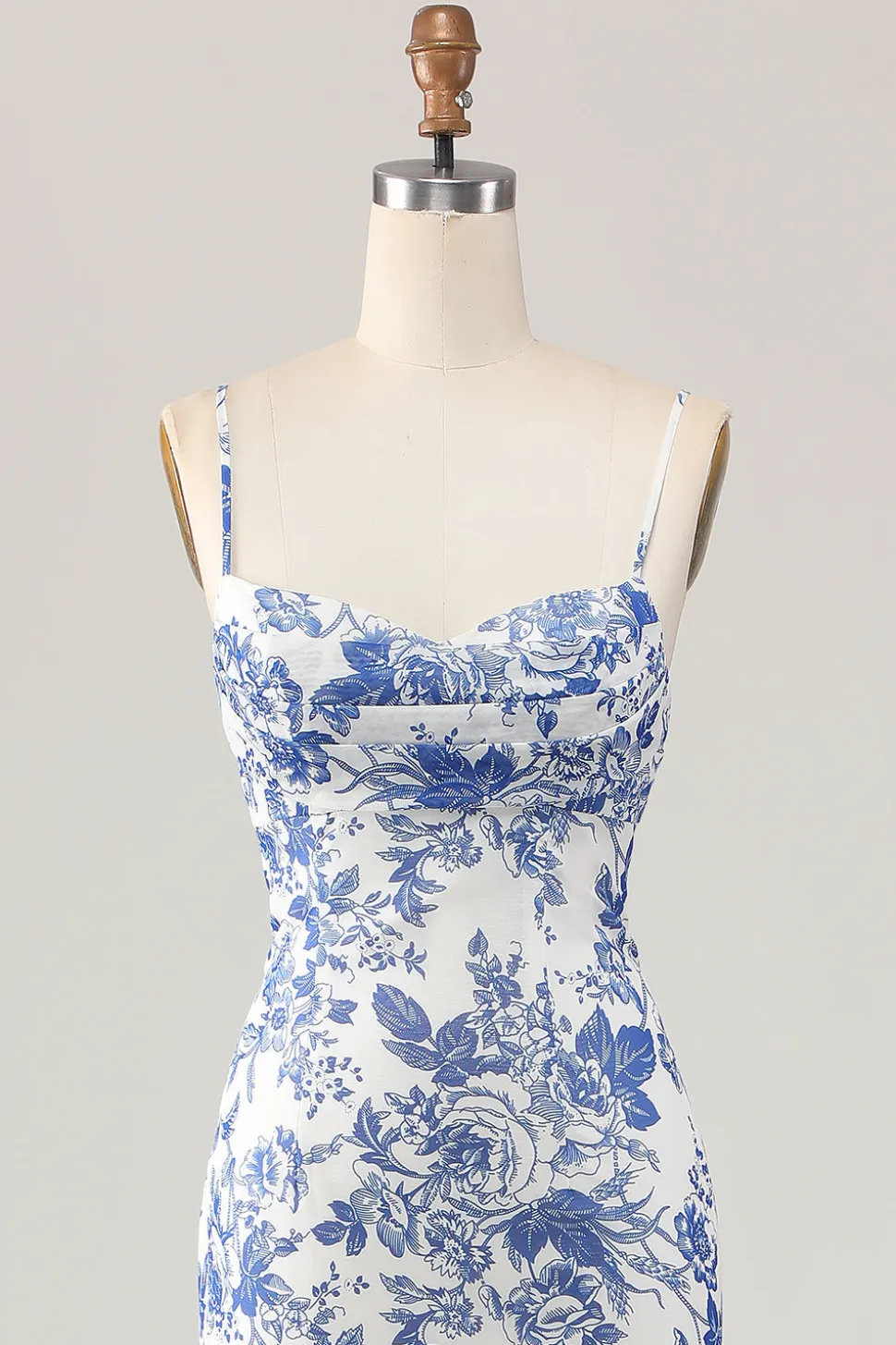 Bainha estampada branco azul flor longo vestido de casamento convidado