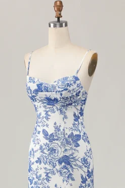 Bainha estampada branco azul flor longo vestido de casamento convidado