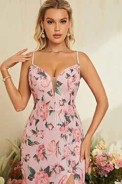 Bainha Flor Estampado Blush Vestido de Festa de Casamento com Fenda