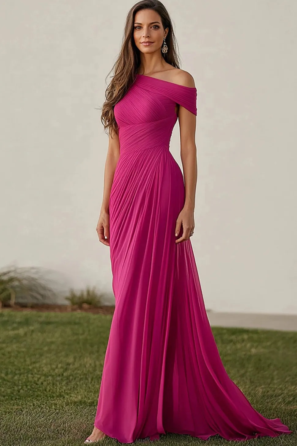 Bainha Fuchsia Chiffon Um Ombro Pleaed Vestido Formal Longo