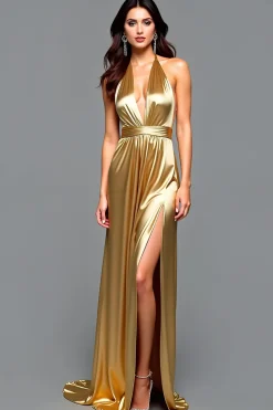Bainha Golden Halter plissado longo vestido de baile com fenda
