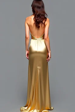 Bainha Golden Halter plissado longo vestido de baile com fenda