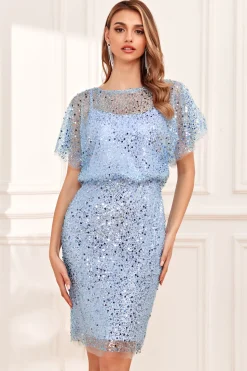 Bainha Joia Pescoço Cinzento Azul Sequins Vestido de Noiva Convidado