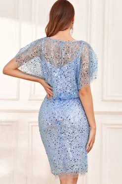 Bainha Joia Pescoço Cinzento Azul Sequins Vestido de Noiva Convidado
