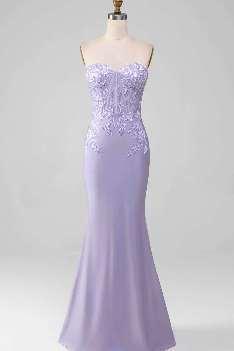 Bainha Lilás Strapless Corset Prom Dresses Com Apliques de Renda