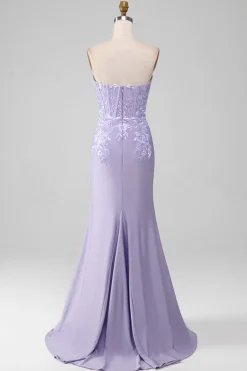 Bainha Lilás Strapless Corset Prom Dresses Com Apliques de Renda