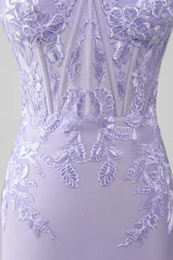 Bainha Lilás Strapless Corset Prom Dresses Com Apliques de Renda