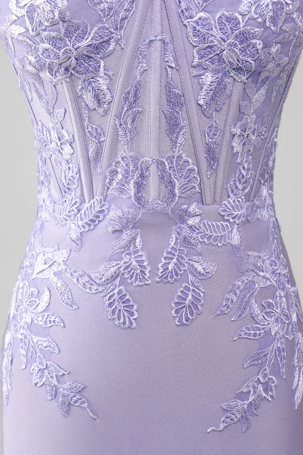 Bainha Lilás Strapless Corset Prom Dresses Com Apliques de Renda