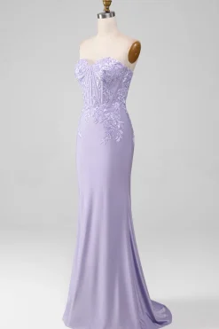 Bainha Lilás Strapless Corset Prom Dresses Com Apliques de Renda