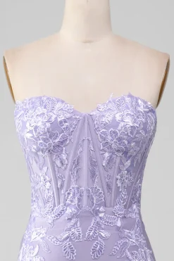 Bainha Lilás Strapless Corset Prom Dresses Com Apliques de Renda