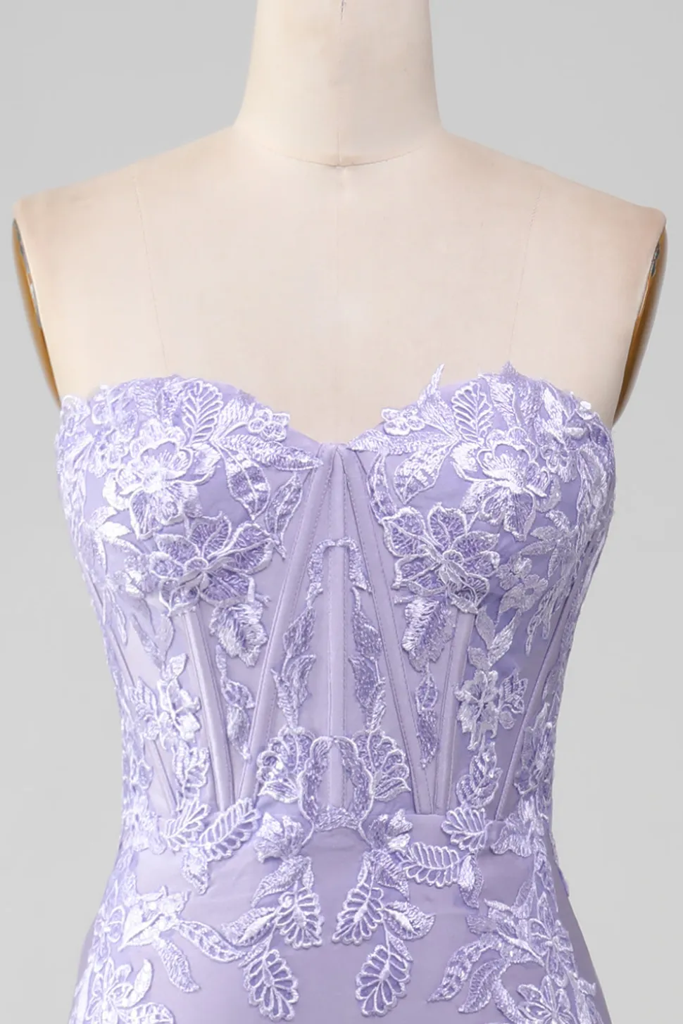 Bainha Lilás Strapless Corset Prom Dresses Com Apliques de Renda