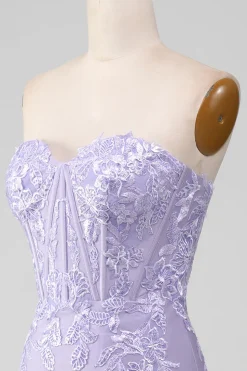 Bainha Lilás Strapless Corset Prom Dresses Com Apliques de Renda