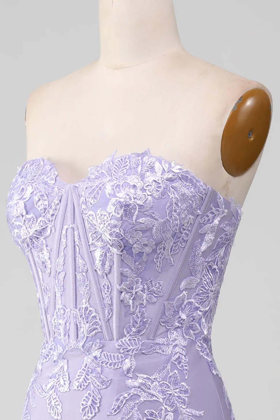 Bainha Lilás Strapless Corset Prom Dresses Com Apliques de Renda