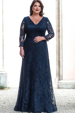 Bainha Marinha Decote em V Renda Longo Vestido Mae Noiva
