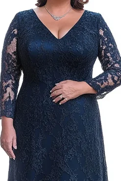 Bainha Marinha Decote em V Renda Longo Vestido Mae Noiva