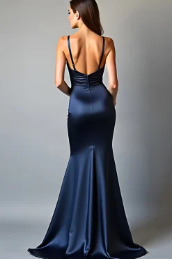 Bainha Marinha Esparguete Alças Longo Cetim Prom Vestido Com Fenda