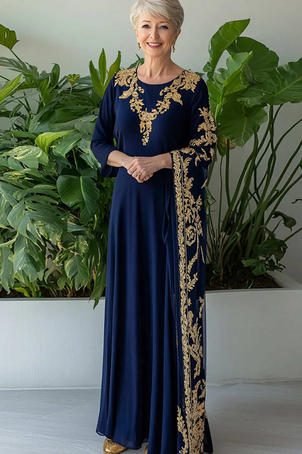 Bainha Marinha Mangas Longas Chiffon Vestido Longo Mãe da Noiva com Bordado
