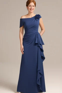 Bainha Marinha: Um Ombro Babado Longo Vestido Mãe da Noiva com Flor 3D