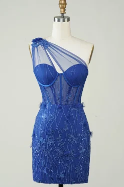 Bainha única de um ombro Royal Blue Short Homecoming Dress com apliques