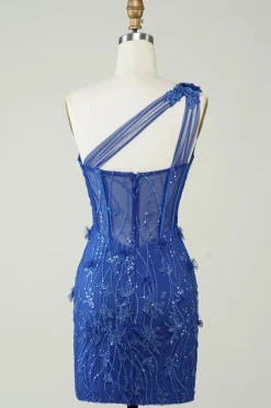 Bainha única de um ombro Royal Blue Short Homecoming Dress com apliques