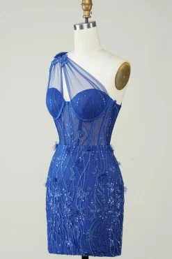 Bainha única de um ombro Royal Blue Short Homecoming Dress com apliques