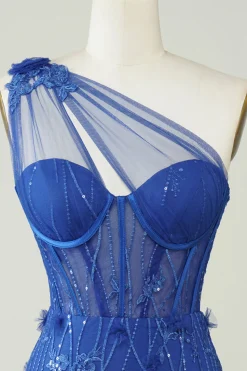Bainha única de um ombro Royal Blue Short Homecoming Dress com apliques