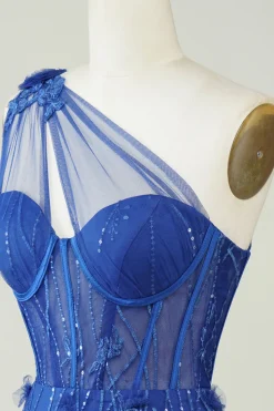 Bainha única de um ombro Royal Blue Short Homecoming Dress com apliques