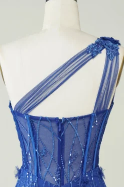 Bainha única de um ombro Royal Blue Short Homecoming Dress com apliques